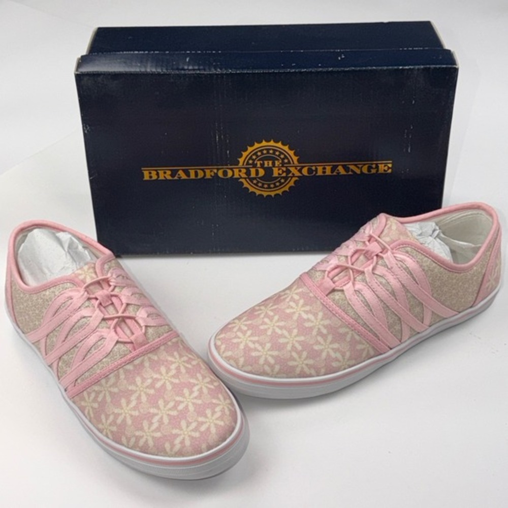 NEW Bradford Exchange Womens US 6.5 UK 5 Shoes Pink Floral Print Ribbon Retro